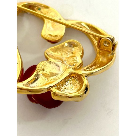 Heart Brooch Pin Gold Tone Red Ceramic Rose Clear Rhinestones Shiny Roll Tab Arm - Picture 13 of 13